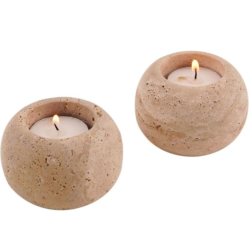 Large Travertine marble tea light candle holders set of 2 with white background
