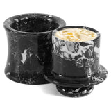 Marble butter dish with lid in black color used as French butter crock for countertop