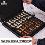 Foam-lined storage box with Travertine and Red Marble chess pieces