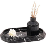 Marble Oval Tray for perfume, jewelry, and candle display on dining or bathroom countertop in black with white background