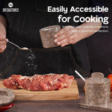 Hand using oceanic marble salt cellar for seasoning meat – ideal for cooking and easy access to salt