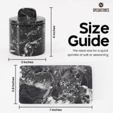 Size chart for black marble salt cellar with 2 jars and tray included