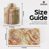 Size chart for green marble salt cellar with 2 jars and tray included