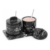 Black marble salt cellar with lid and tray – 2-jar spice organizer for kitchen counter with white background