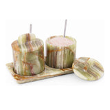 Green marble salt cellar with lid and tray – 2-jar spice organizer for kitchen counter with white background
