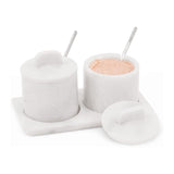 White marble salt cellar with lid and tray – 2-jar spice organizer for kitchen counter with white background