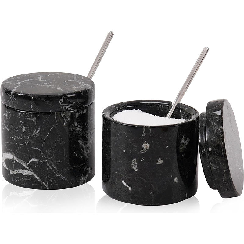 Black marble salt and pepper container set of 2 with lids and spoons on white background