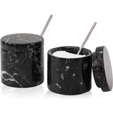 Black marble salt and pepper container set of 2 with lids and spoons on white background
