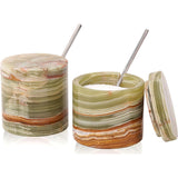 green marble salt and pepper container set of 2 with lids and spoons on white background