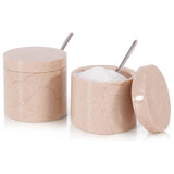 Verona marble salt and pepper container set of 2 with lids and spoons on white background