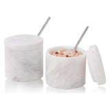 white marble salt and pepper container set of 2 with lids and spoons on white background