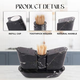 Product details showing refill cap, marble material, and integrated toothpick holder in black