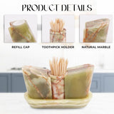 Product details showing refill cap, marble material, and integrated toothpick holder in green