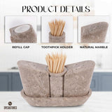 Product details showing refill cap, marble material, and integrated toothpick holder in oceanic