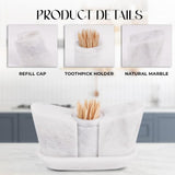 Product details showing refill cap, marble material, and integrated toothpick holder in white