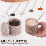 marinara salt and pepper containers filled with various spices like chili, herbs, and rock salt