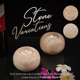 Medium travertine tea light candle holder sets displayed to show texture variations