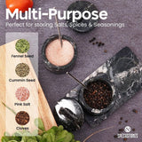 Black marble spice jars with tray storing pink salt and black pepper – perfect for spices, seasonings, and kitchen storage