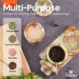 Green marble spice jars with tray storing pink salt and black pepper – perfect for spices, seasonings, and kitchen storage