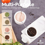 White marble spice jars with tray storing pink salt and black pepper – perfect for spices, seasonings, and kitchen storage