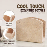 Close-up of natural travertine napkin holder showing smooth edges, sturdy base, and size versatility.