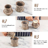 Step-by-step usage guide for Marble Butter Keeper or French Butter Crock showing how to add water to the base, fill the lid with softened butter, and assemble for spreadable butter storage.