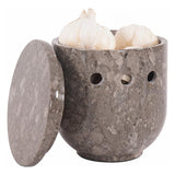 Oceanic marble garlic keeper with lid and 6 ventilation holes — natural stone garlic storage container for countertop use by Speshstones