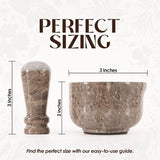 Size guide showing pestle length and bowl diameter of oceanic marble mortar and pestle