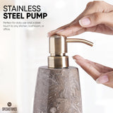 close-up of oceanic marble soap dispenser brushed gold stainless steel pump head — rust-resistant pump for kitchen and bathroom