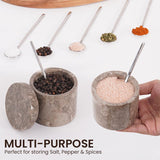 oceanic salt and pepper containers filled with various spices like chili, herbs, and rock salt