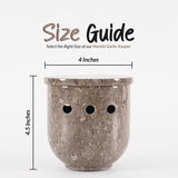 Size guide showing dimensions of oceanic travertine marble garlic keeper with lid for kitchen storage