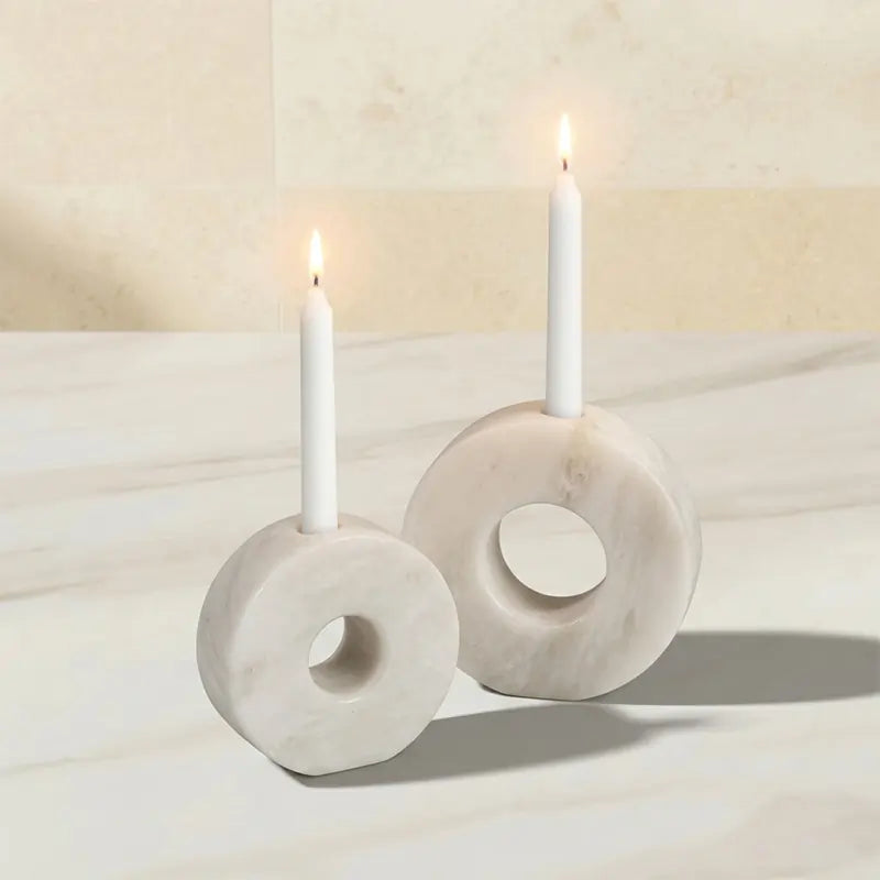 Marble Candle Holders Set of 2 — Decorative Centerpiece Candle Holder in 4 Natural Stone Colors