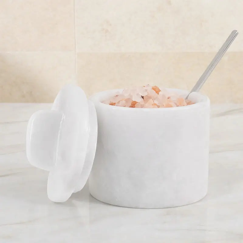 Marble Salt Cellar With Lid and Spoon – Storage Jar for Salt, Sugar & Spices