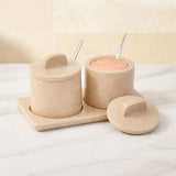 Marble Salt Cellar with Lid and Spoon — 2-Jar Set with Tray for Salt, Sugar & Spices