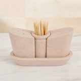 Marble Salt and Pepper Shaker Set with Tray & Toothpick Holder — 4-Piece Natural Stone Condiment Set