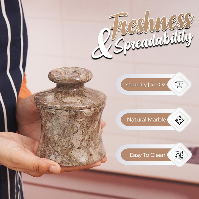 Oceanic Marble French butter crock showing capacity and natural stone material