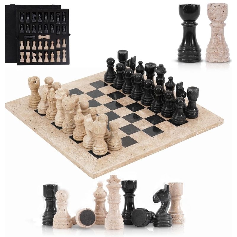 12-inch Travertine and Black Marble Chess Set with Foam Storage Box and Extra Queens by Speshstones