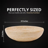 Size guide showing measurements of travertine fruit bowls in 10" diameters.