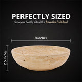 Size guide showing measurements of travertine fruit bowls in 8" diameters.