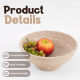 Detailed view of the travertine fruit dish showing material, quality, and natural stone texture