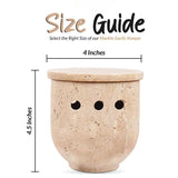 Size guide showing travertine garlic keeper dimensions — body height and width with dome lid — natural stone garlic storage container by Speshstones