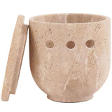 Travertine garlic keeper with lid and 6 ventilation holes — natural stone garlic storage container for countertop use by Speshstones