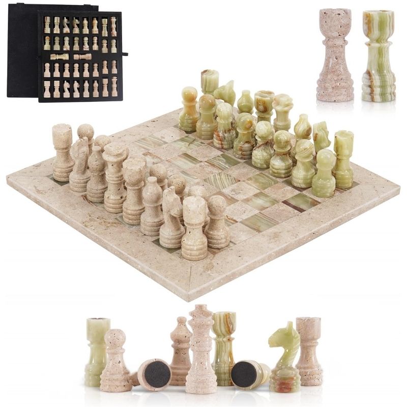 Travertine and Green Onyx Marble Chess Set 12 Inch with Storage Box