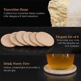 Set of 6 round travertine marble coasters showcasing natural stone texture, heat resistance, and secure grip for drinkware