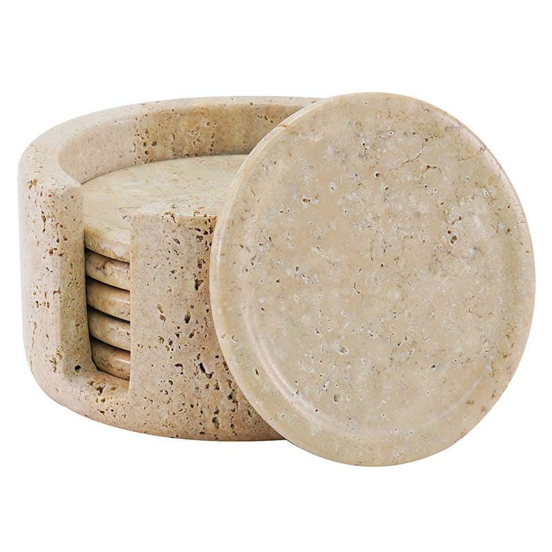 Full set of 6 round travertine marble coasters with white background