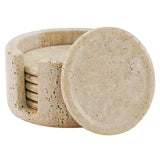 Full set of 6 round travertine marble coasters with white background