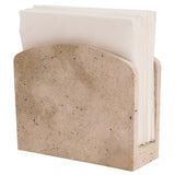 Natural travertine napkin holder for kitchen, bathroom, and tabletop use with smooth finish and round design.