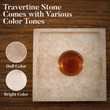 Square travertine tray showing bright and dull natural color tone variations with glass placed on top