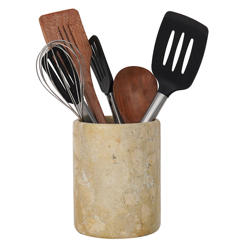 Travertine utensil holder and flower vase for kitchen and table decor