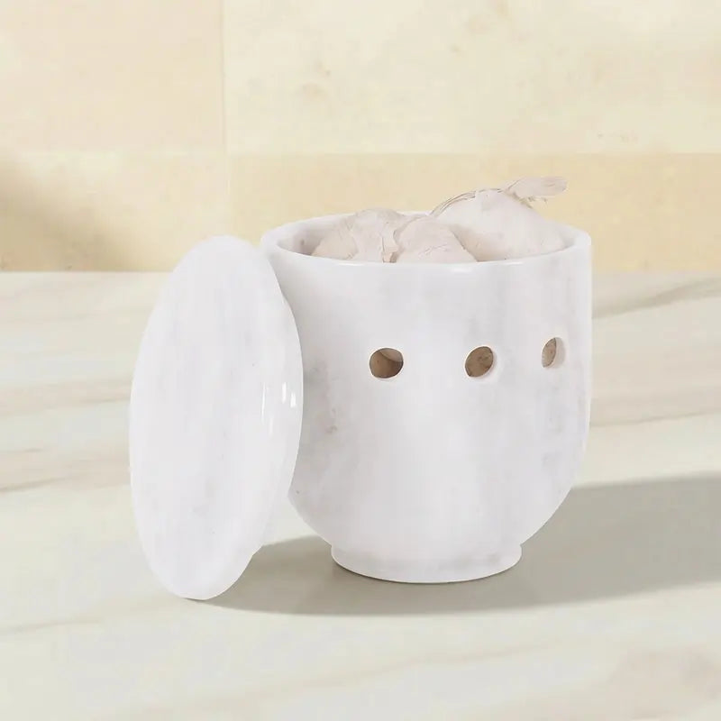 White marble garlic keeper with lid and 6 ventilation holes — natural stone garlic storage container for countertop use by Speshstones